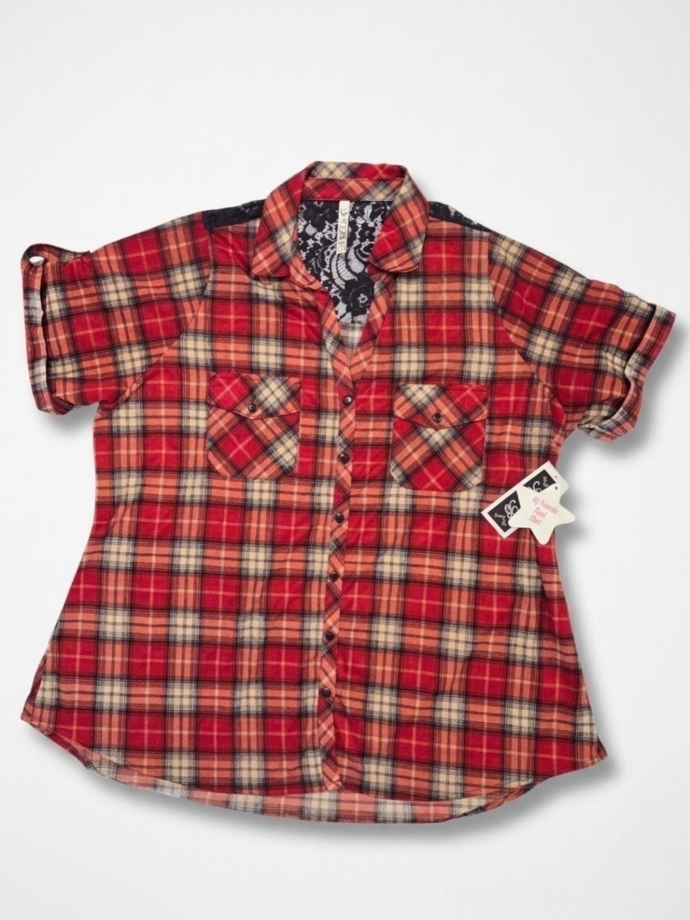 NWT RnB Black Lace Back Red Plaid Button Down Shirt Plus Size 2X Boho Western
